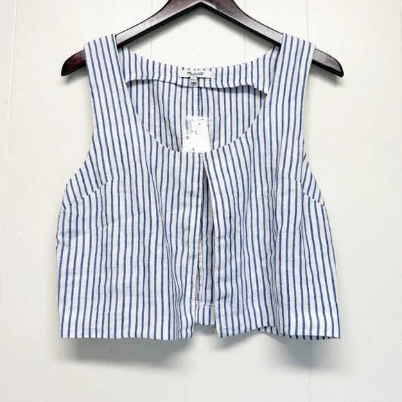 NWT MADEWELL Scoop Neck Crop Tank 100% Linen Sleeveless Blue White Size 6 - Picture 3 of 7